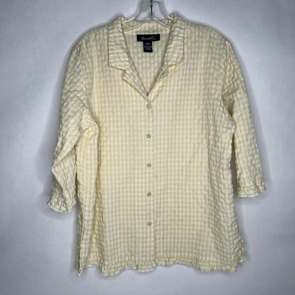 D&Co Denim & Co Shirt Top Button Up 3/4 Sleeve White Yellow Gingham Womens Large